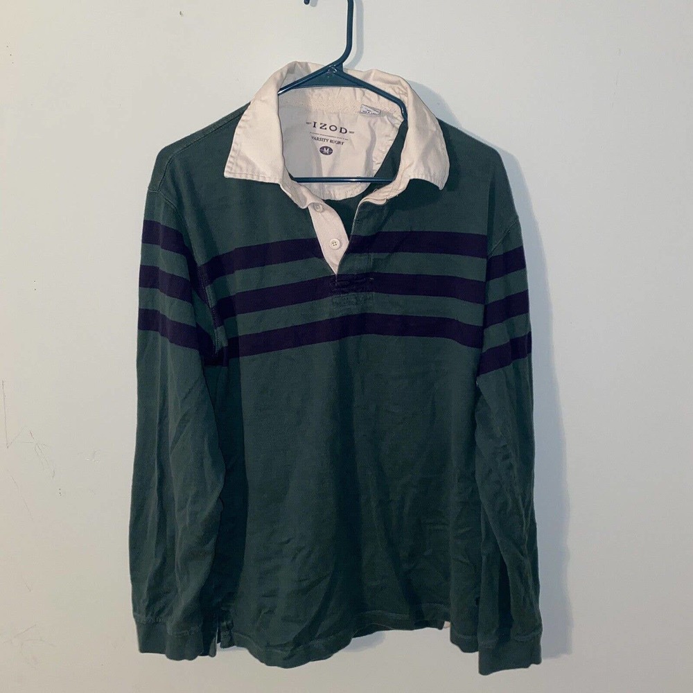 Izod Varsity Rugby Long Sleeve Medium Green Stripped Polo